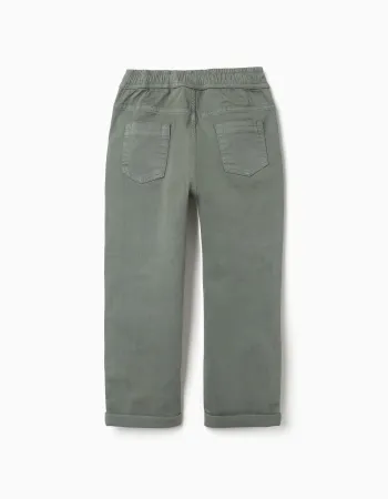 Slim fit twill trousers with drawstring for boys, dark green