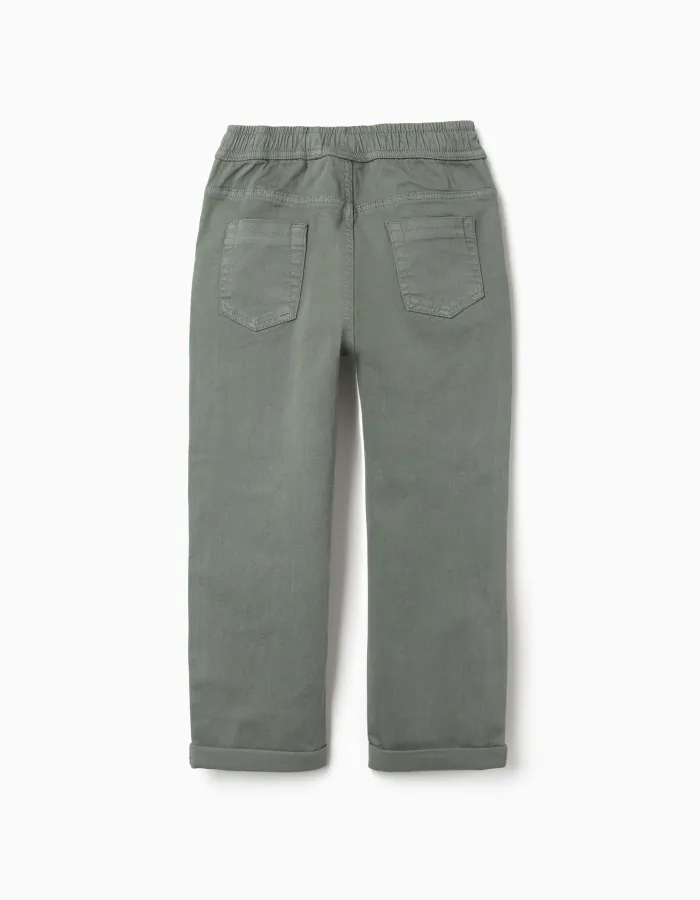 Slim fit twill trousers with drawstring for boys, dark green