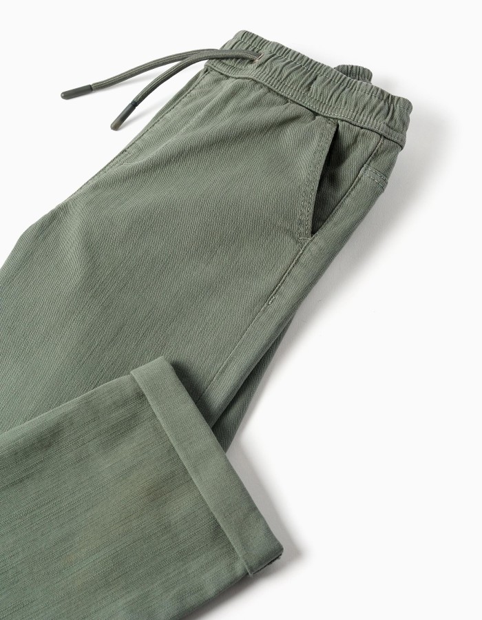 Slim fit twill trousers with drawstring for boys, dark green