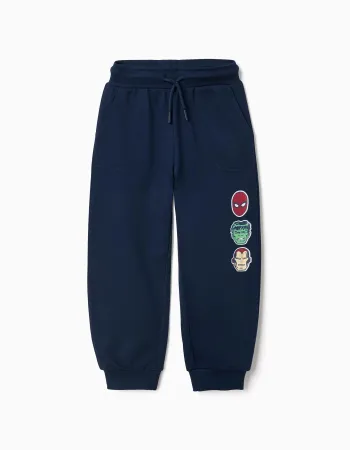 Cotton joggers with Marvel print and drawstring for boys, navy blue