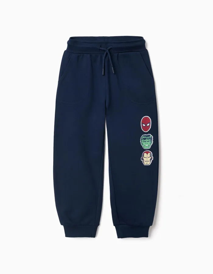 Cotton joggers with Marvel print and drawstring for boys, navy blue