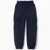 Brushed joggers with cargo pockets and print for boys, navy blue