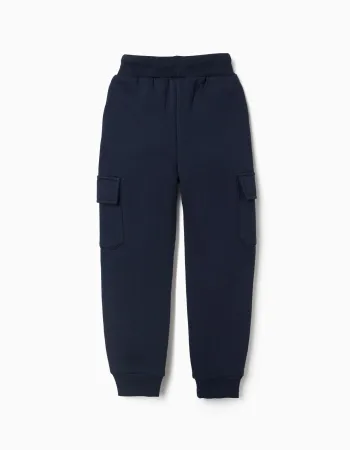 Brushed joggers with cargo pockets and print for boys, navy blue