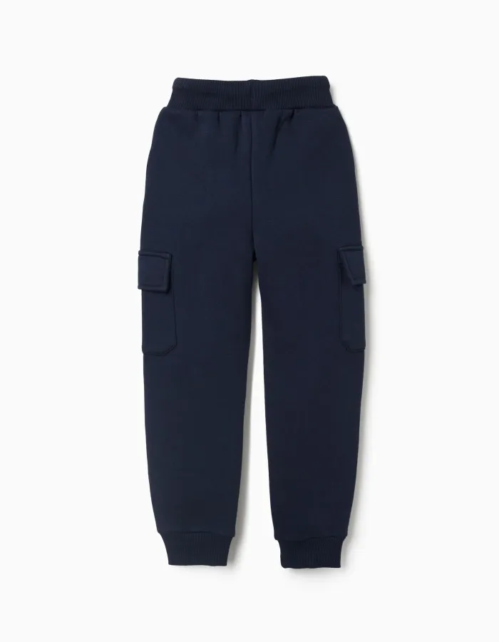 Brushed joggers with cargo pockets and print for boys, navy blue
