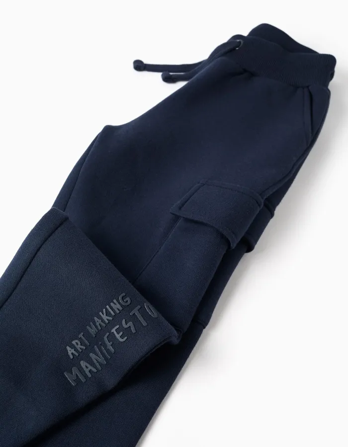 Brushed joggers with cargo pockets and print for boys, navy blue