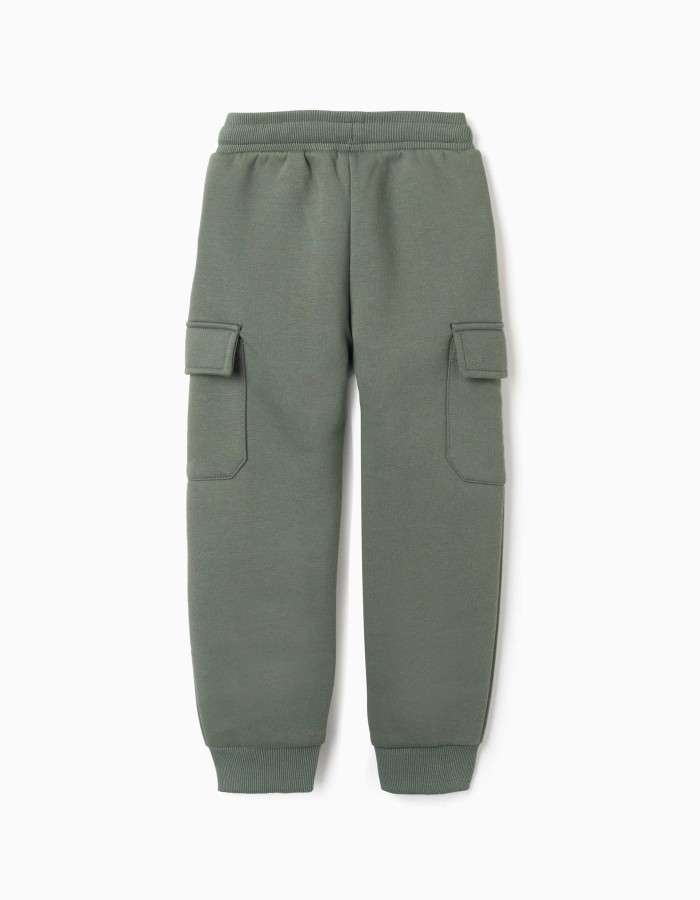 Brushed joggers with cargo pockets and print for boys, dark green