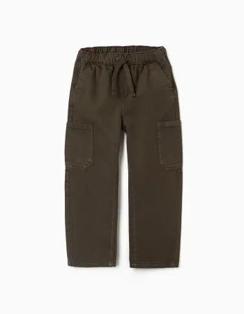 Baggy twill trousers with cargo pockets for boys, brown