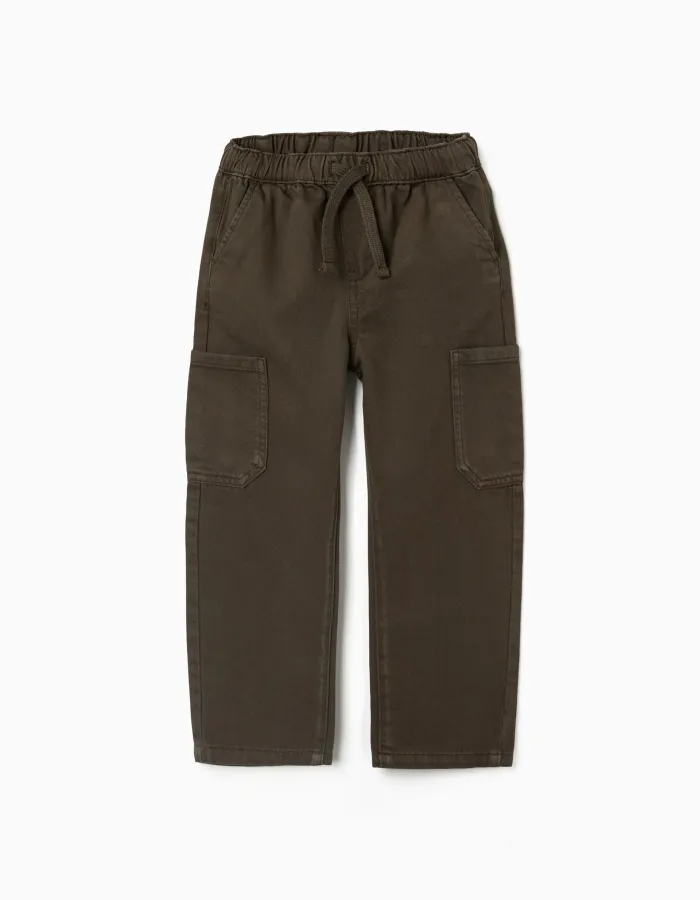 Baggy twill trousers with cargo pockets for boys, brown