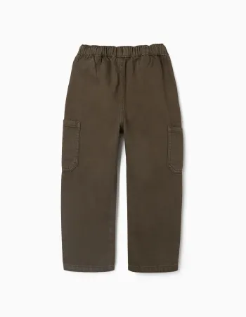 Baggy twill trousers with cargo pockets for boys, brown
