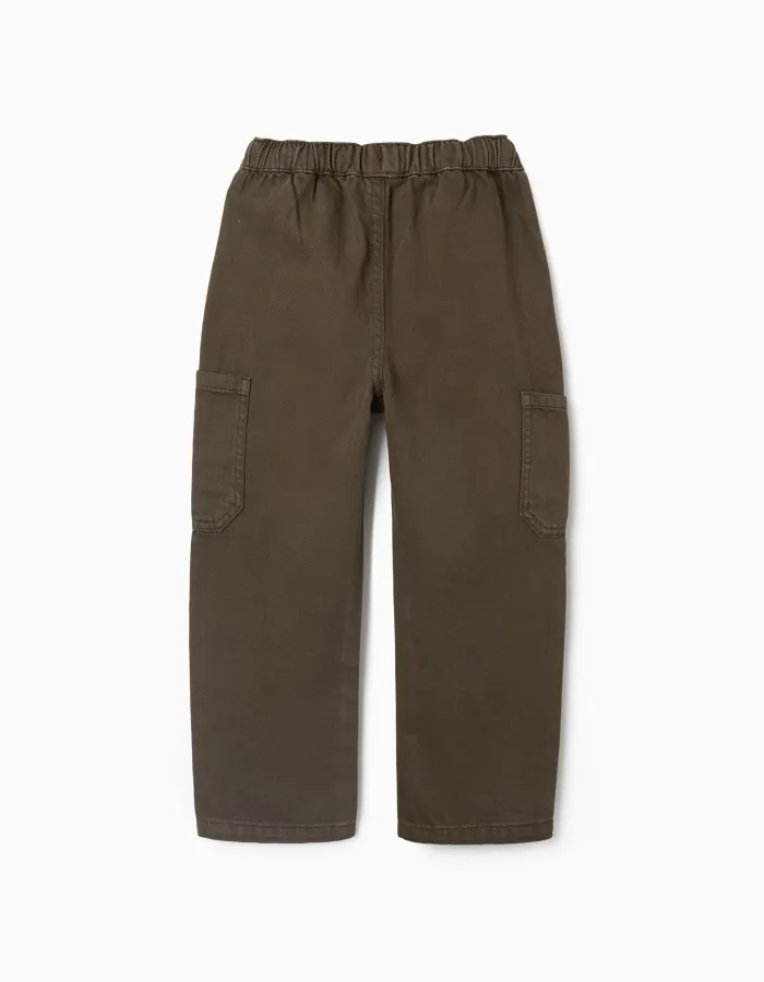 Baggy twill trousers with cargo pockets for boys, brown