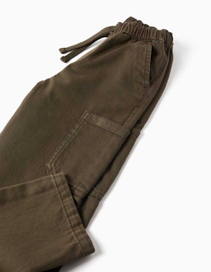 Baggy twill trousers with cargo pockets for boys, brown
