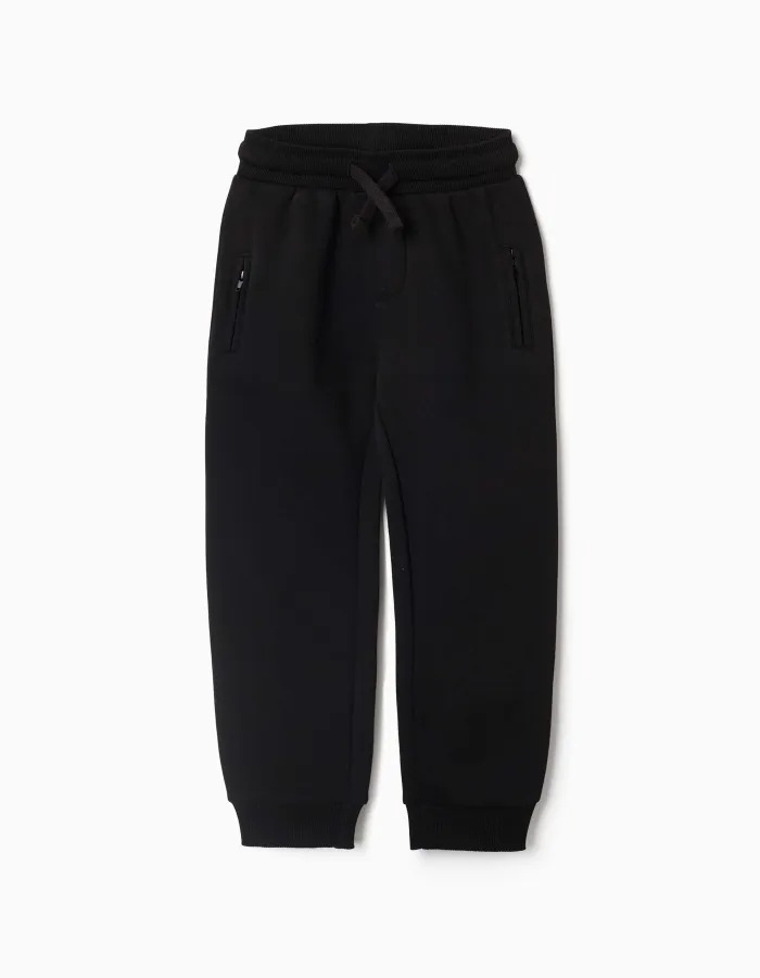 Fleece joggers with drawstring and pockets for boys, black