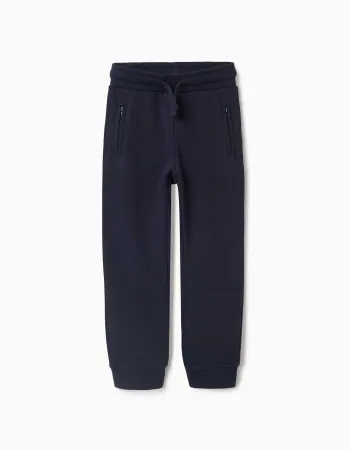 Fleece joggers with drawstring and pockets for boys, navy blue