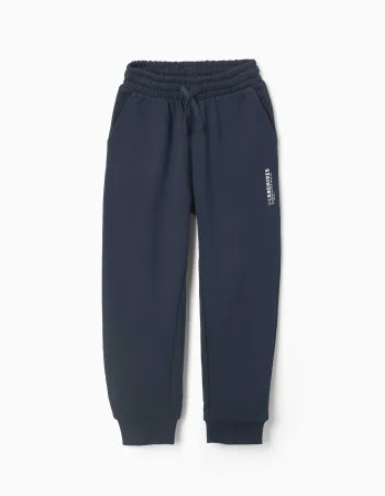 Slim fleece joggers with pockets and ZY print for boys, navy blue