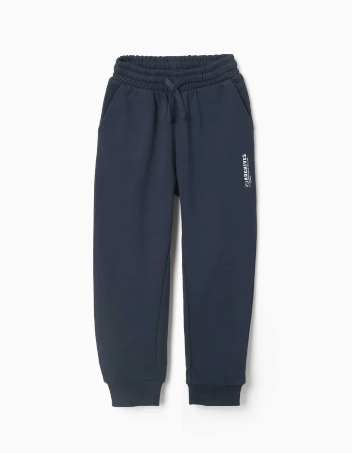 Slim fleece joggers with pockets and ZY print for boys, navy blue