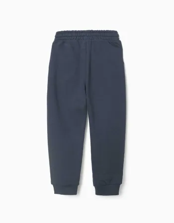 Slim fleece joggers with pockets and ZY print for boys, navy blue