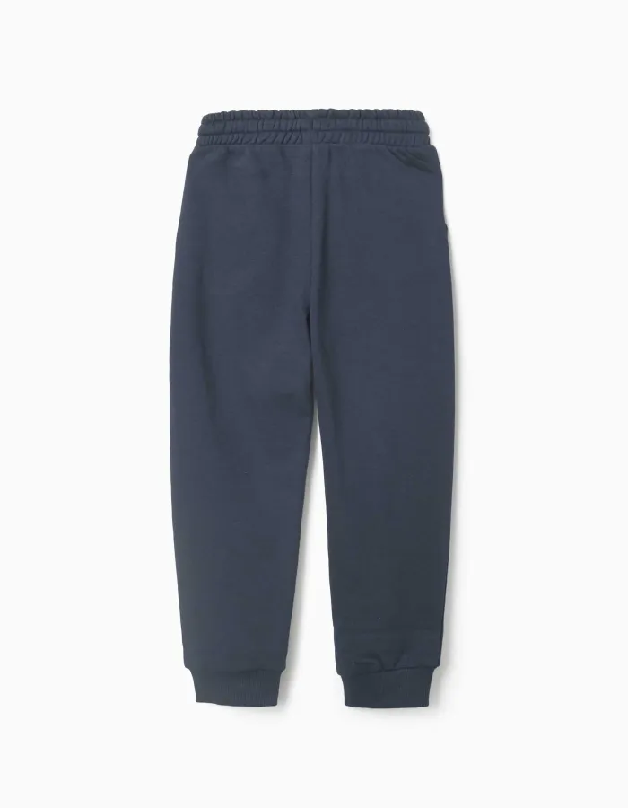 Slim fleece joggers with pockets and ZY print for boys, navy blue