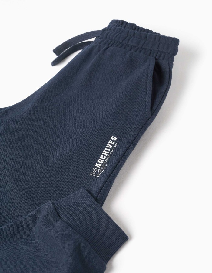 Slim fleece joggers with pockets and ZY print for boys, navy blue