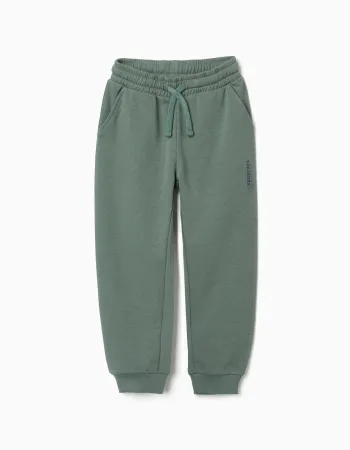 Slim fleece joggers with pockets and ZY print for boys, dark green