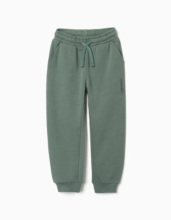 Slim fleece joggers with pockets and ZY print for boys, dark green