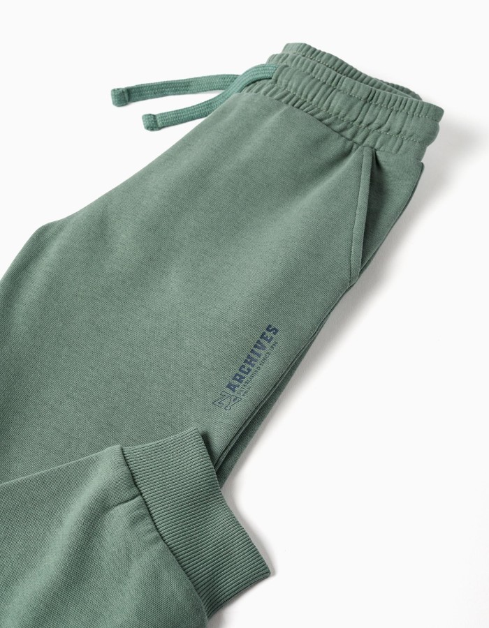 Slim fleece joggers with pockets and ZY print for boys, dark green