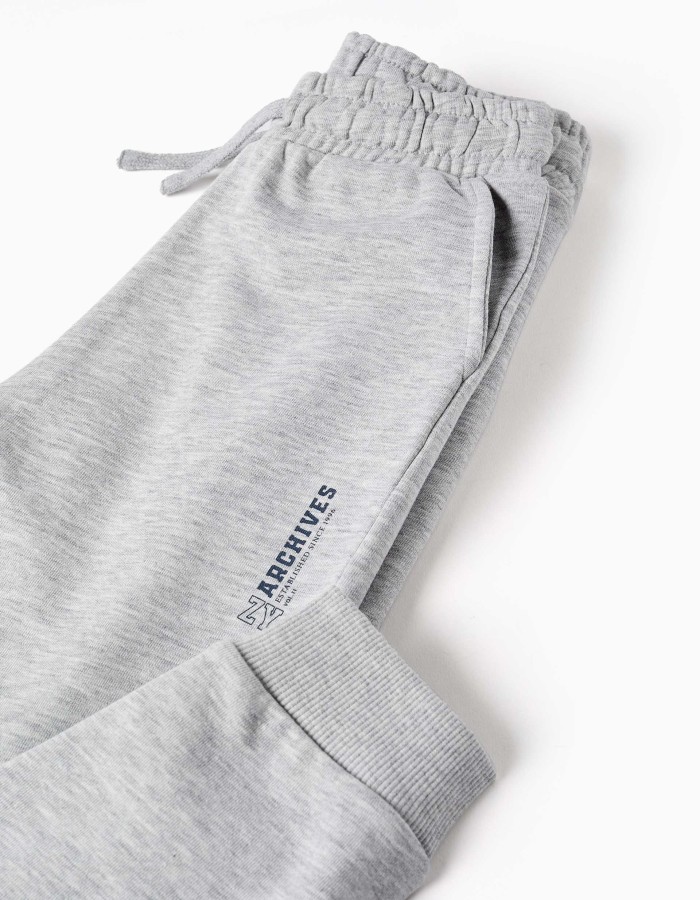 Slim fleece joggers with pockets and ZY print for boys, light grey