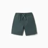 Midi cotton cargo shorts with a drawstring for boys, dark green