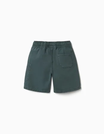 Midi cotton cargo shorts with a drawstring for boys, dark green