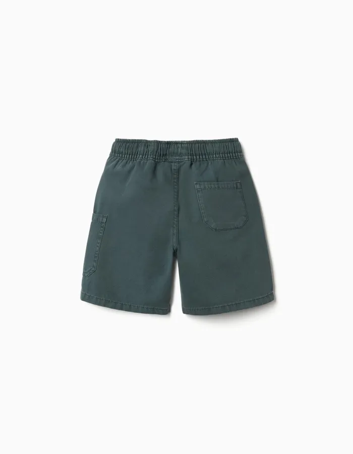 Midi cotton cargo shorts with a drawstring for boys, dark green