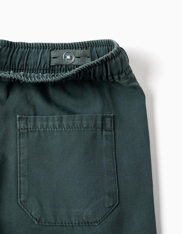 Midi cotton cargo shorts with a drawstring for boys, dark green