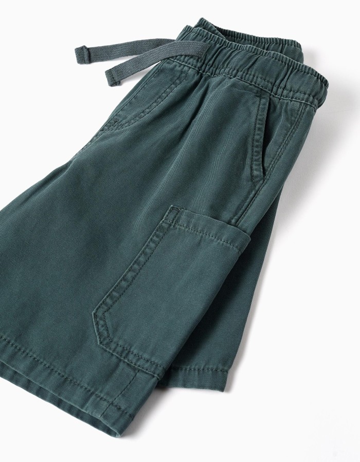 Midi cotton cargo shorts with a drawstring for boys, dark green