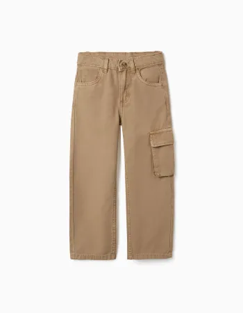 Straight fit cotton trousers with 5 pockets for boys, dark beige