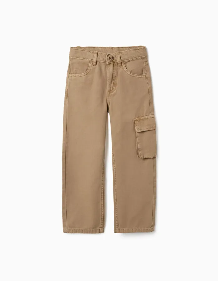 Straight fit cotton trousers with 5 pockets for boys, dark beige