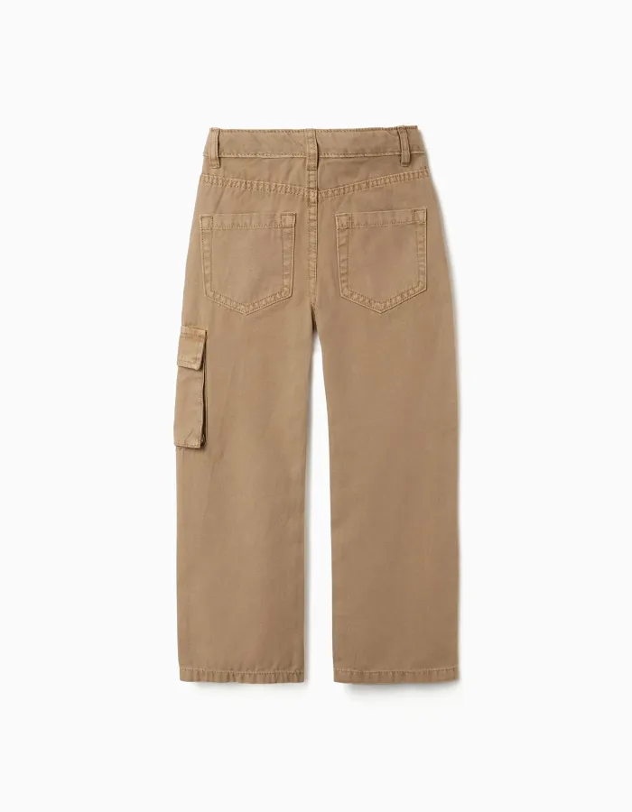 Straight fit cotton trousers with 5 pockets for boys, dark beige
