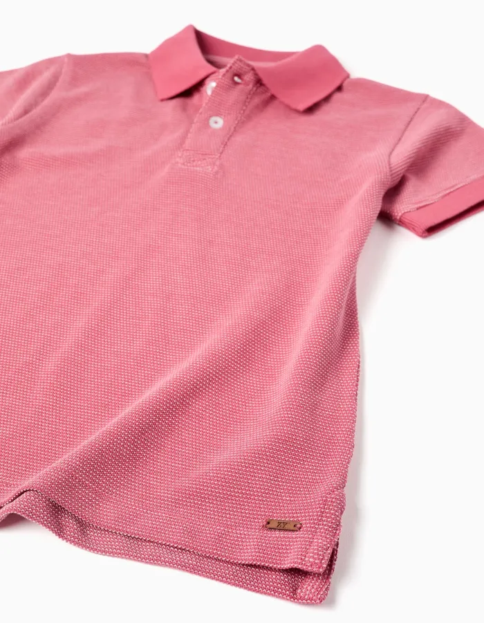 Cotton piqué polo shirt with jacquard for boys, dark pink