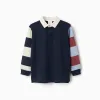 Long sleeve cotton polo shirt with stripes for boys, blue/beige/brown