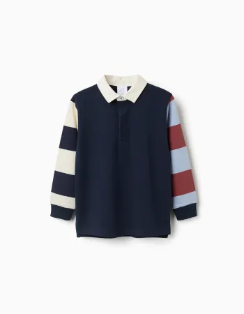 Long sleeve cotton polo shirt with stripes for boys, blue/beige/brown