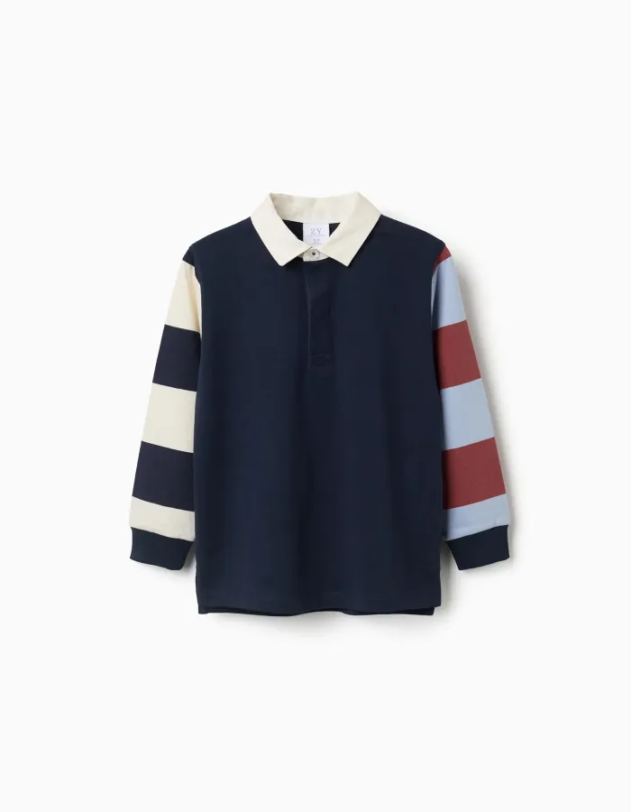 Long sleeve cotton polo shirt with stripes for boys, blue/beige/brown