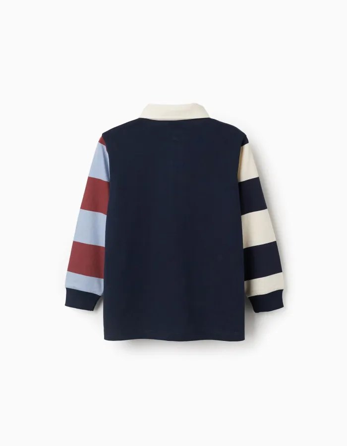 Long sleeve cotton polo shirt with stripes for boys, blue/beige/brown