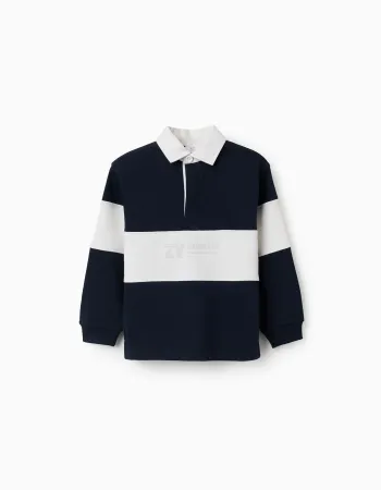 Sweatshirt with polo collar and colour block for boys, white/navy blue