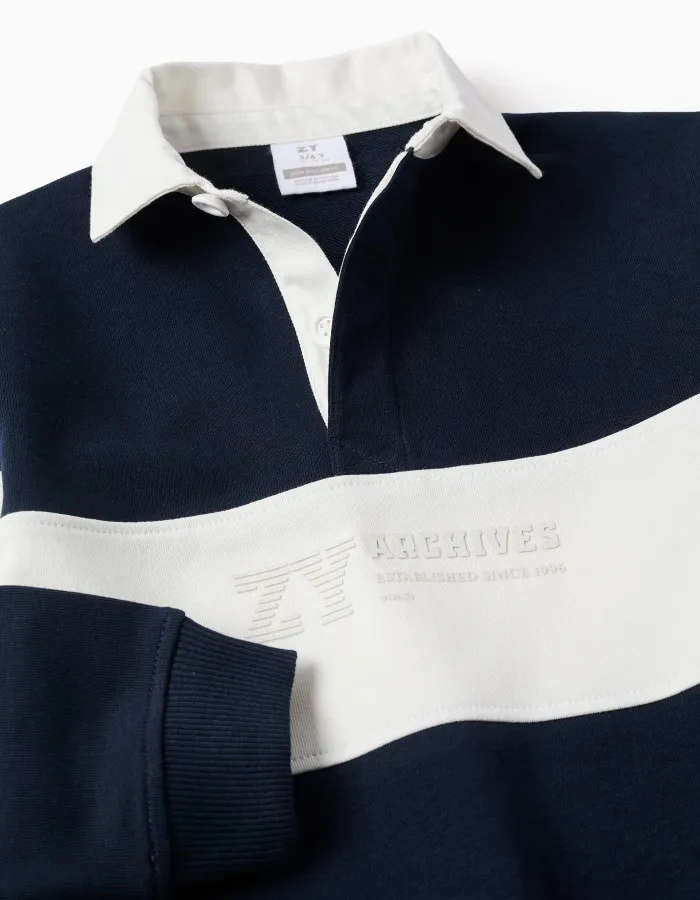 Sweatshirt with polo collar and colour block for boys, white/navy blue