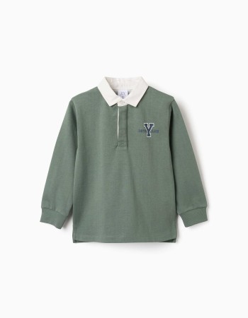 Long sleeve cotton polo shirt with print for boys, dark green
