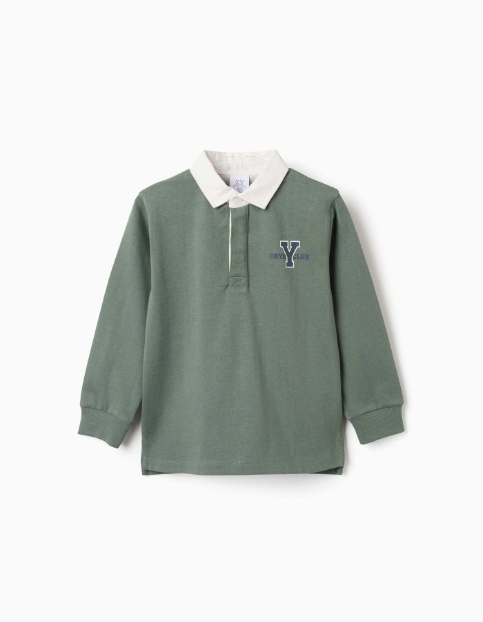 Long sleeve cotton polo shirt with print for boys, dark green