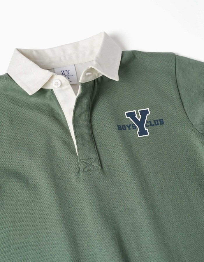 Long sleeve cotton polo shirt with print for boys, dark green