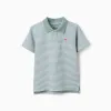 Striped cotton polo shirt with print for boys, light green/white