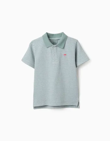 Striped cotton polo shirt with print for boys, light green/white