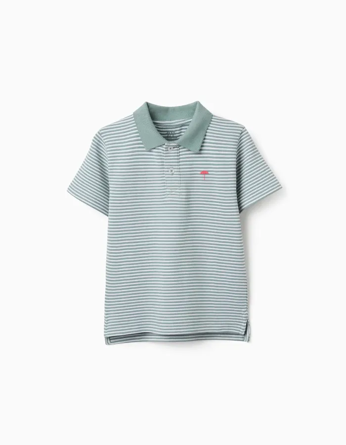Striped cotton polo shirt with print for boys, light green/white