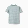 Striped cotton polo shirt with print for boys, light green/white
