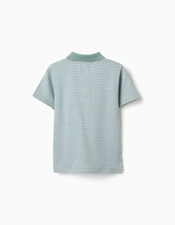 Striped cotton polo shirt with print for boys, light green/white