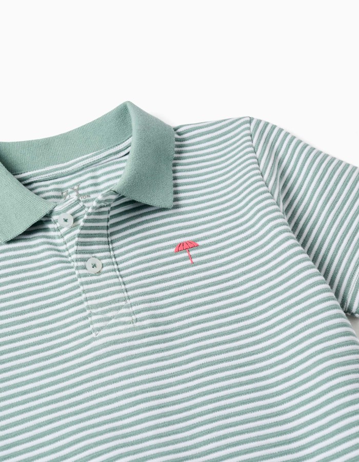 Striped cotton polo shirt with print for boys, light green/white